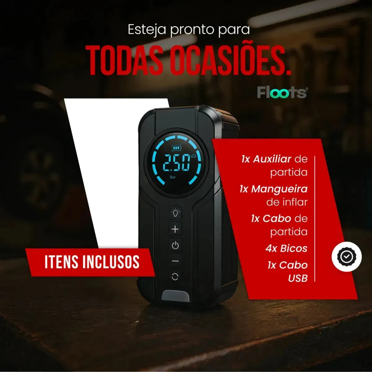Auxiliar de Partida Portátil 4 em 1 com Compressor de Ar Digital – Power Bank, Lanterna LED e Partida  para Carros e Motos