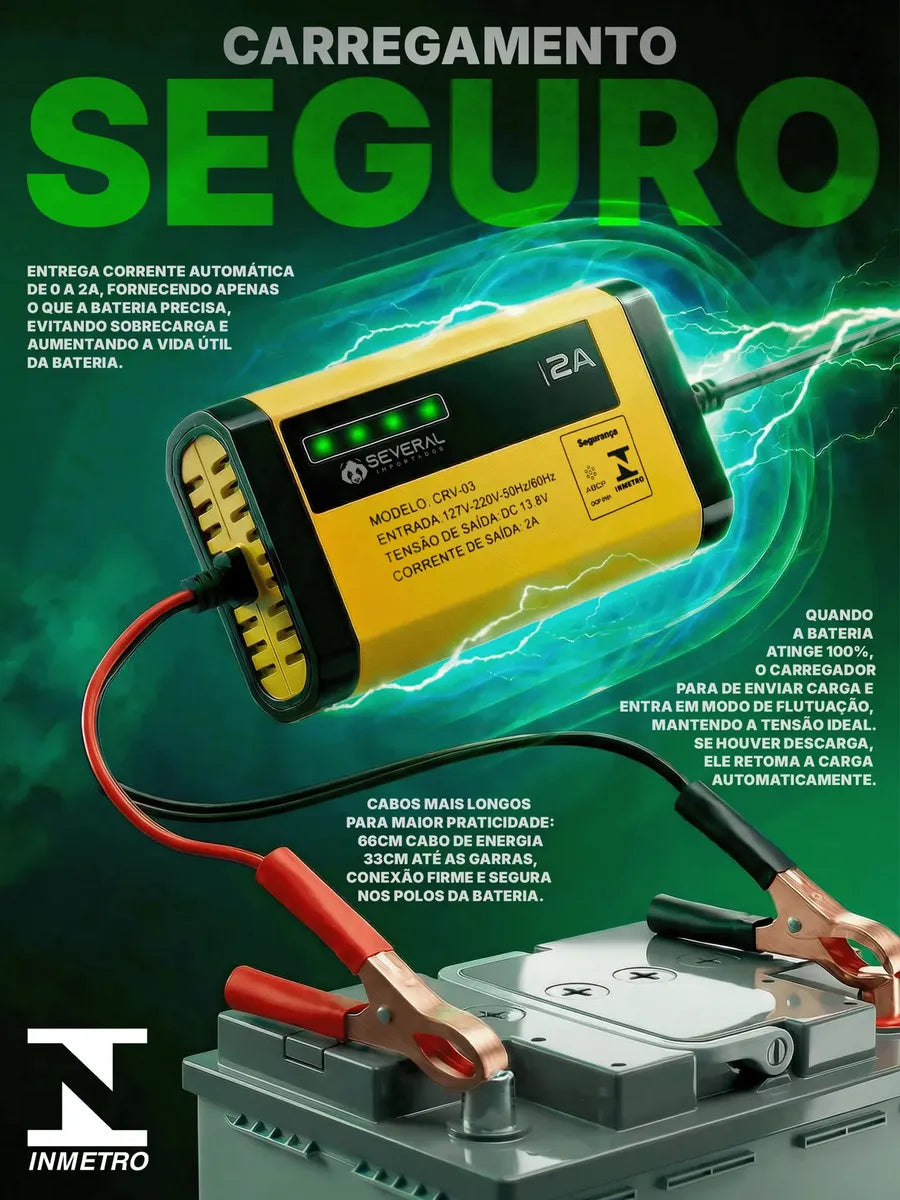 Carregador Bateria Automotivo 12v Até 300 Amperes, Carga Lenta 2a, Inteligente, Portátil, Carro, Moto, Caminhão, Jet Sky Bivolt 110/220v