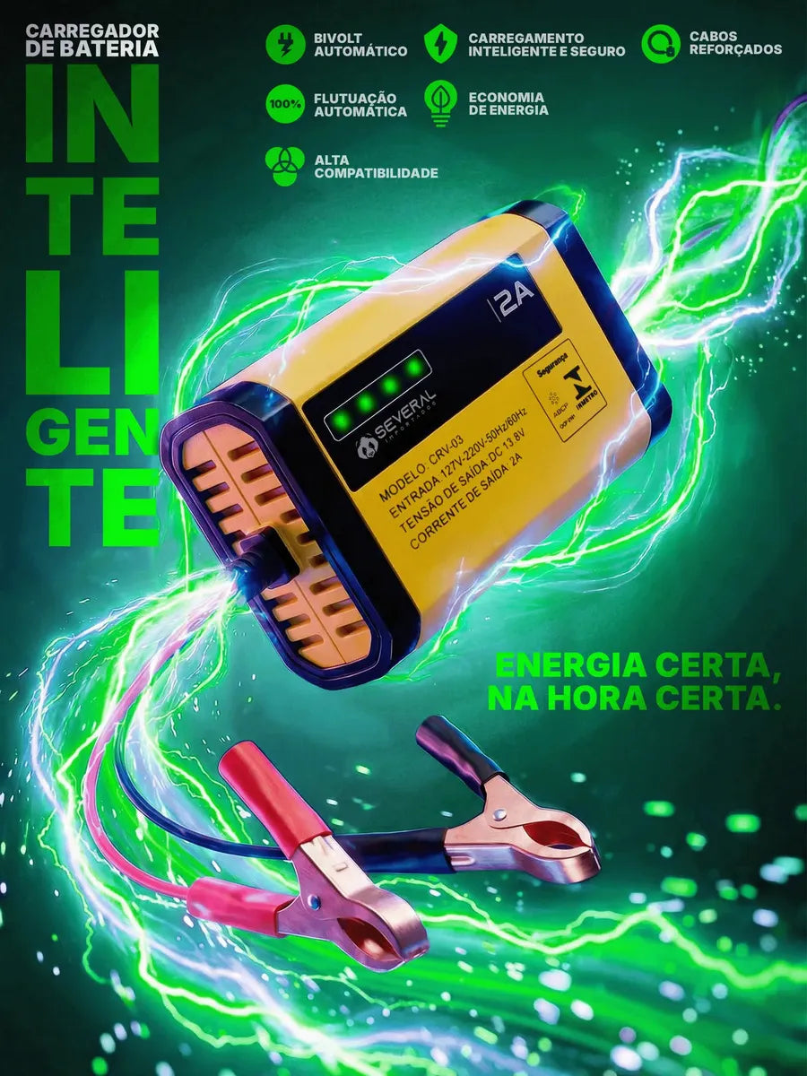 Carregador Bateria Automotivo 12v Até 300 Amperes, Carga Lenta 2a, Inteligente, Portátil, Carro, Moto, Caminhão, Jet Sky Bivolt 110/220v