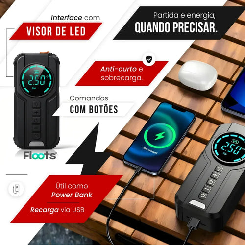 Auxiliar de Partida Portátil 4 em 1 com Compressor de Ar Digital – Power Bank, Lanterna LED e Partida  para Carros e Motos