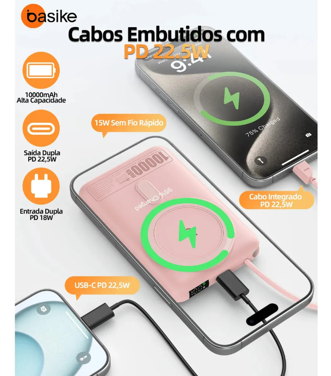 Carregador Portátil 10000mah 22.5w Turbo USB C Com Display.Para iPhone Sams Xaiomi