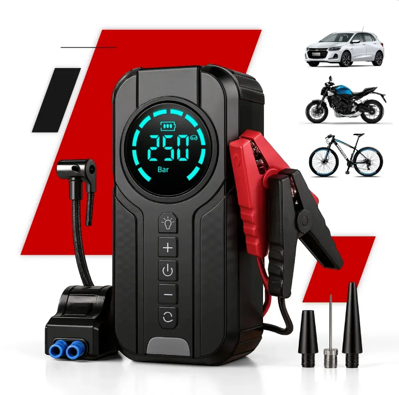 Auxiliar de Partida Portátil 4 em 1 com Compressor de Ar Digital – Power Bank, Lanterna LED e Partida  para Carros e Motos