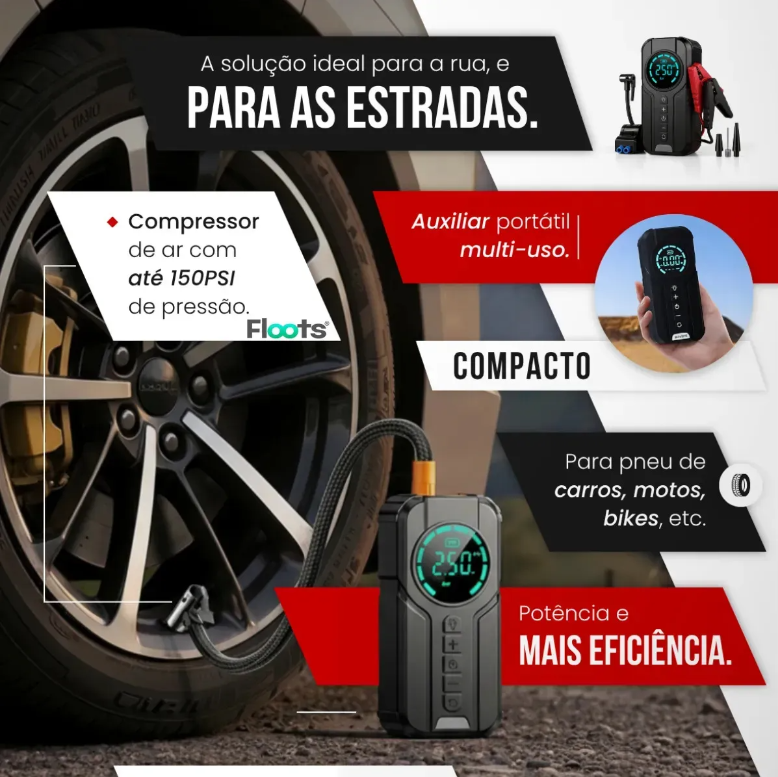 Auxiliar de Partida Portátil 4 em 1 com Compressor de Ar Digital – Power Bank, Lanterna LED e Partida  para Carros e Motos
