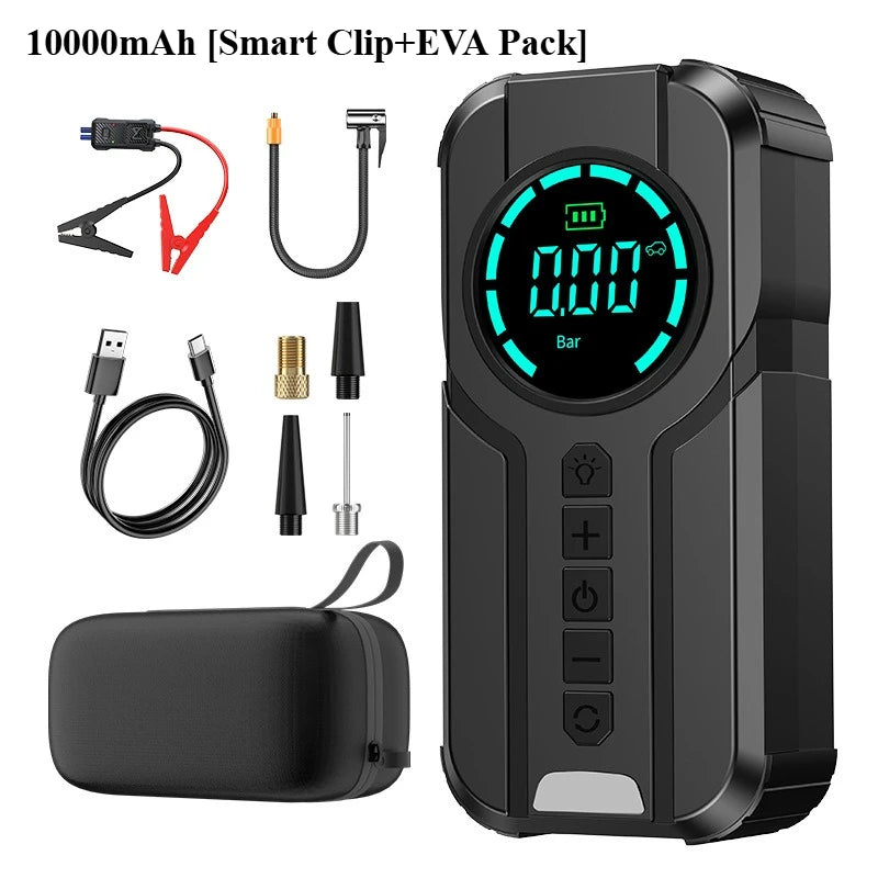 Auxiliar de Partida Portátil 4 em 1 com Compressor de Ar Digital – Power Bank, Lanterna LED e Partida  para Carros e Motos