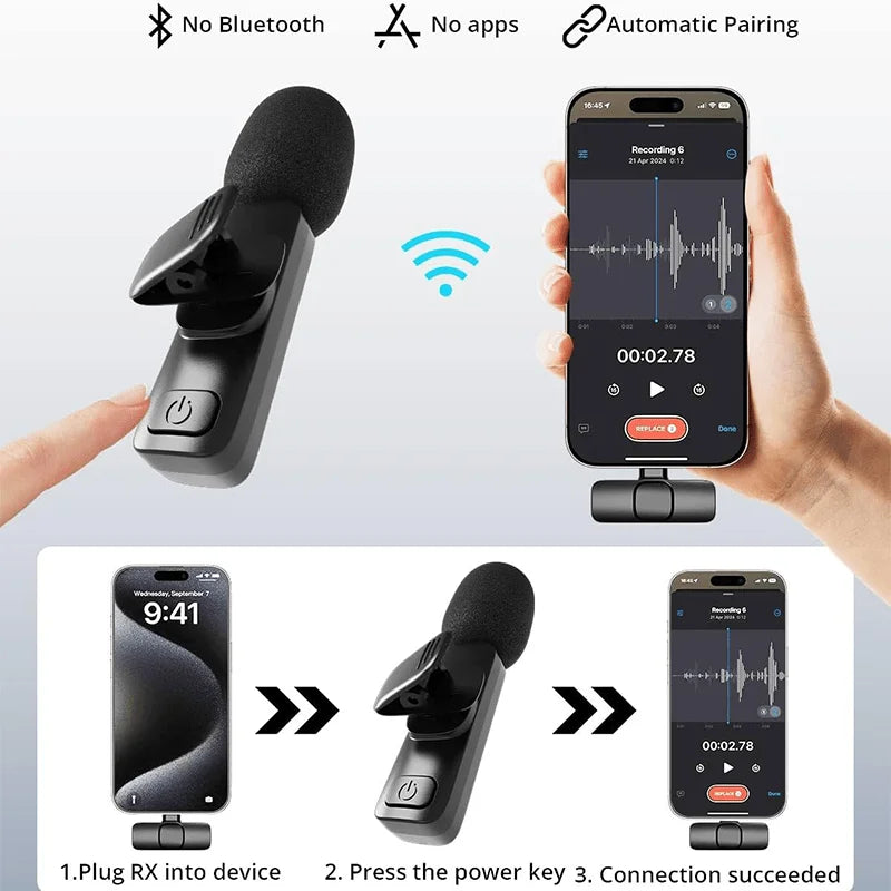 Microfone de Lapela Sem Fio Profissional Type C & para iPhone e iPad