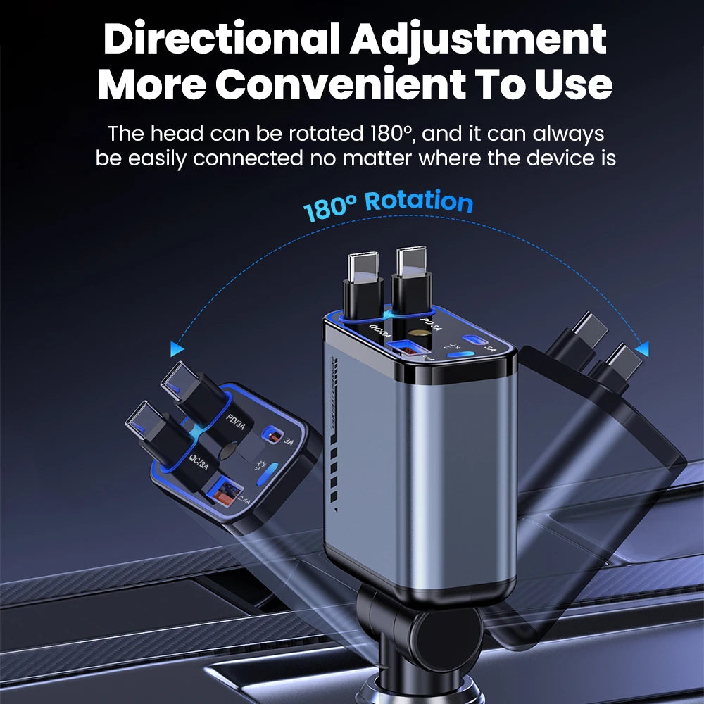 Carregador Veicular Turbo 120w 4 Em 1 Com Cabos Retráteis Usb E Tipo C Para iPhone E Android