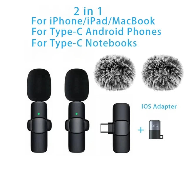 Microfone de Lapela Sem Fio Profissional Type C & para iPhone e iPad