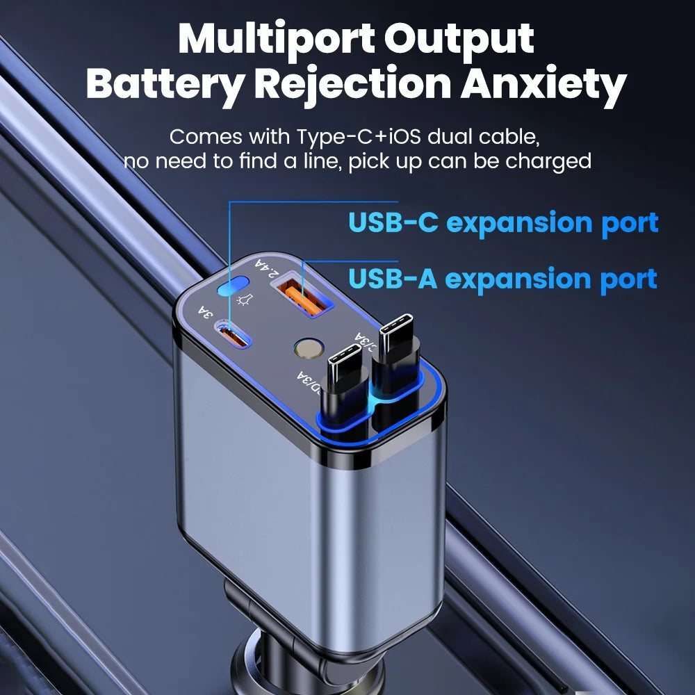 Carregador Veicular Turbo 120w 4 Em 1 Com Cabos Retráteis Usb E Tipo C Para iPhone E Android