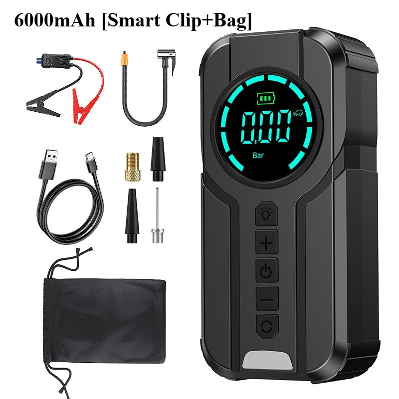 Auxiliar de Partida Portátil 4 em 1 com Compressor de Ar Digital – Power Bank, Lanterna LED e Partida  para Carros e Motos