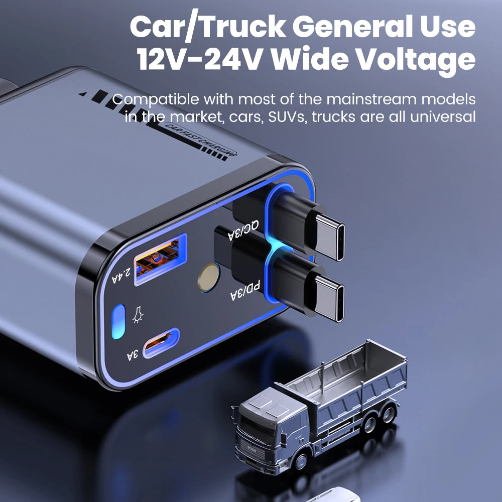 Carregador Veicular Turbo 120w 4 Em 1 Com Cabos Retráteis Usb E Tipo C Para iPhone E Android