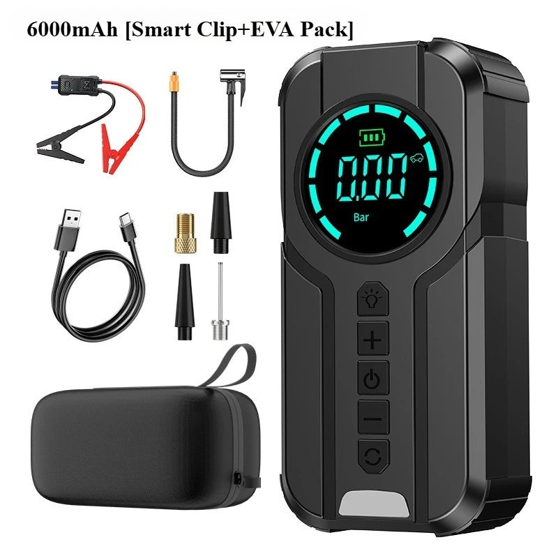 Auxiliar de Partida Portátil 4 em 1 com Compressor de Ar Digital – Power Bank, Lanterna LED e Partida  para Carros e Motos