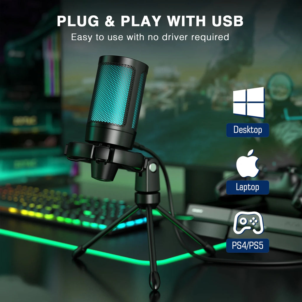 Microfone Gamer USB Profissional com Iluminação RGB – PC, PS4 e PS5