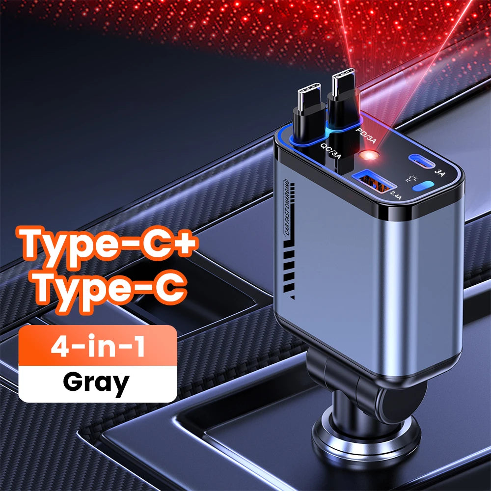 Carregador Veicular Turbo 120w 4 Em 1 Com Cabos Retráteis Usb E Tipo C Para iPhone E Android