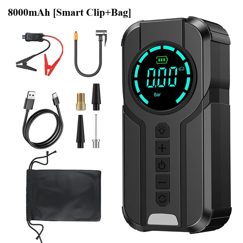 Auxiliar de Partida Portátil 4 em 1 com Compressor de Ar Digital – Power Bank, Lanterna LED e Partida  para Carros e Motos