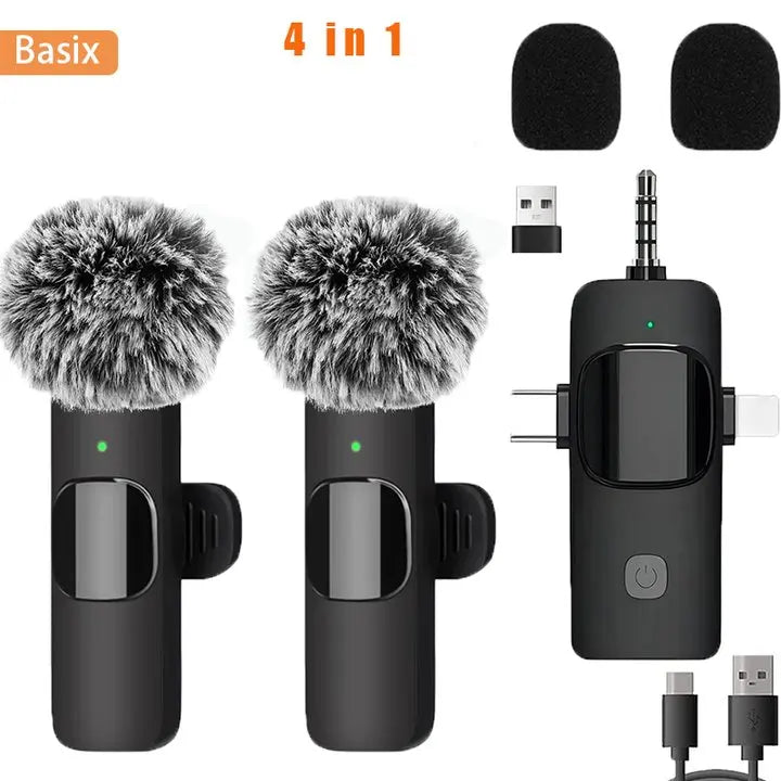 Microfone de Lapela Sem Fio 4 em 1