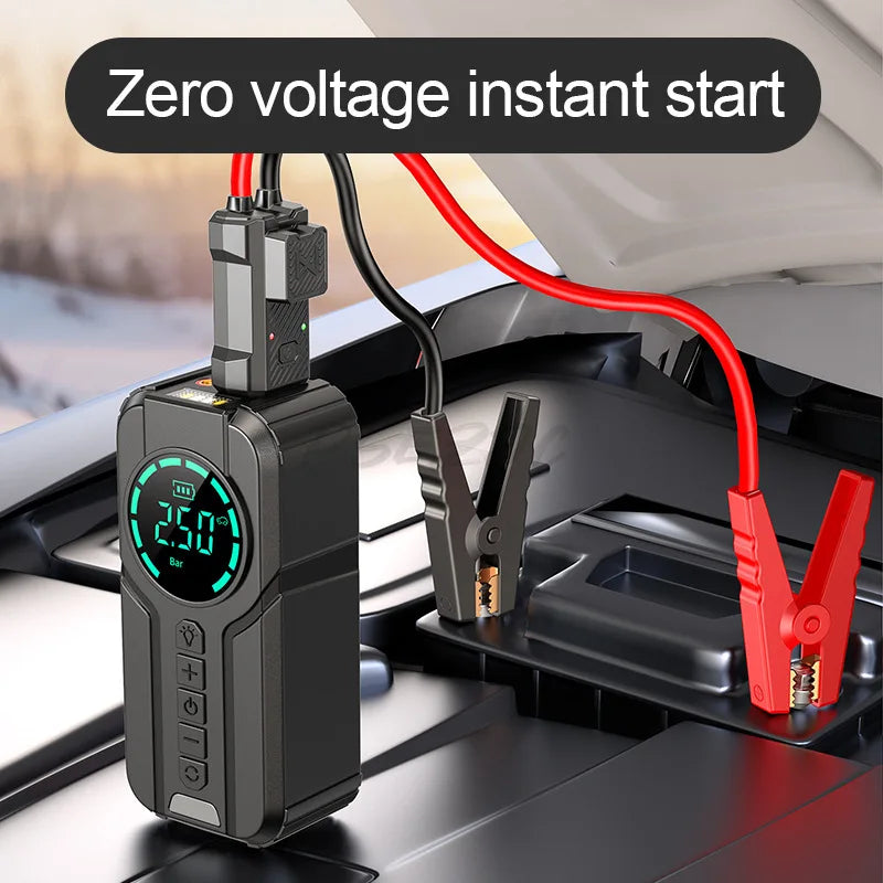 Auxiliar de Partida Portátil 4 em 1 com Compressor de Ar Digital – Power Bank, Lanterna LED e Partida  para Carros e Motos