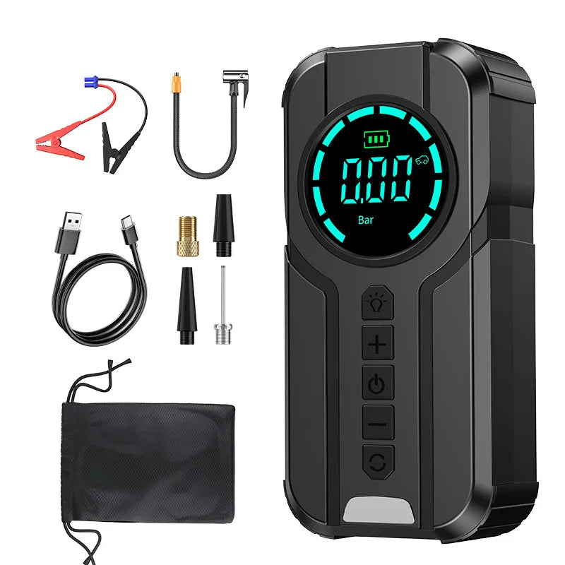 Auxiliar de Partida Portátil 4 em 1 com Compressor de Ar Digital – Power Bank, Lanterna LED e Partida  para Carros e Motos
