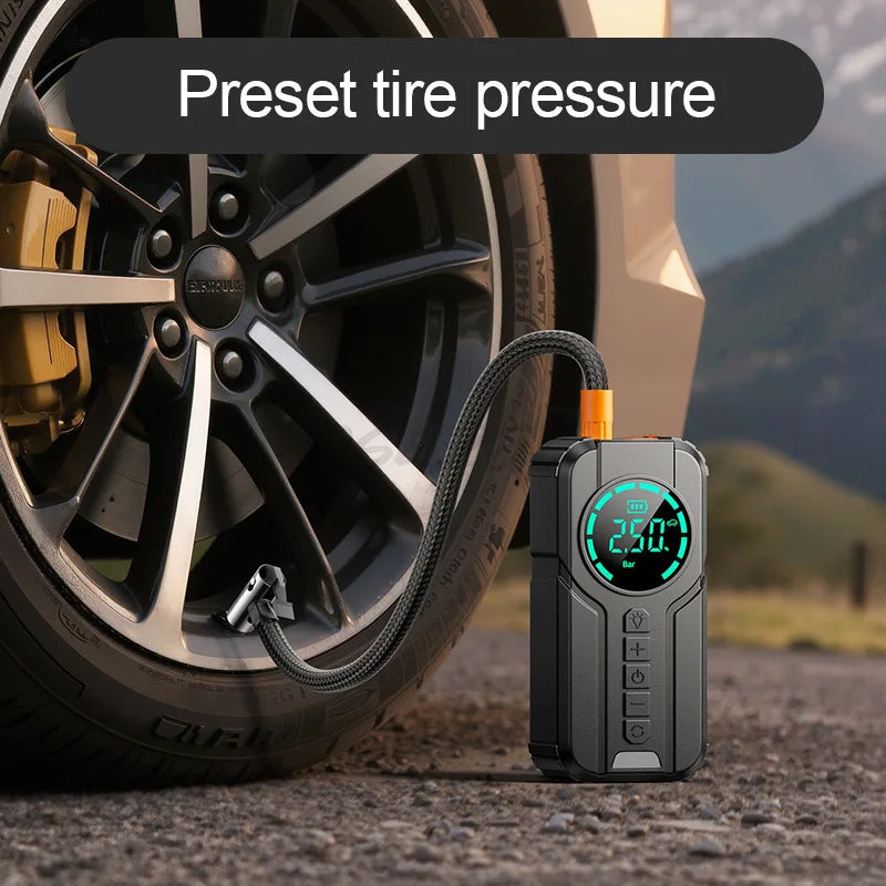 Auxiliar de Partida Portátil 4 em 1 com Compressor de Ar Digital – Power Bank, Lanterna LED e Partida  para Carros e Motos
