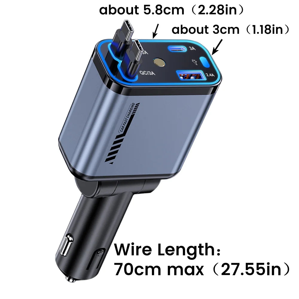 Carregador Veicular Turbo 120w 4 Em 1 Com Cabos Retráteis Usb E Tipo C Para iPhone E Android