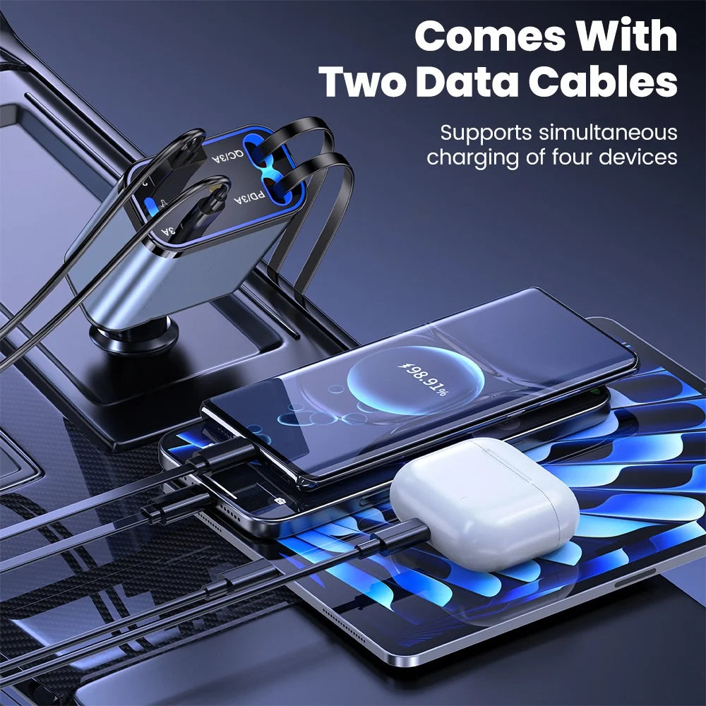 Carregador Veicular Turbo 120w 4 Em 1 Com Cabos Retráteis Usb E Tipo C Para iPhone E Android