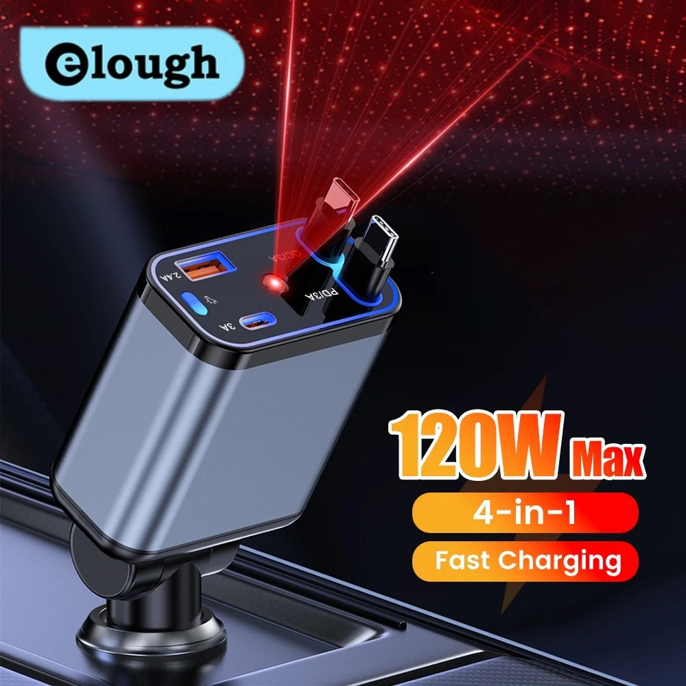 Carregador Veicular Turbo 120w 4 Em 1 Com Cabos Retráteis Usb E Tipo C Para iPhone E Android