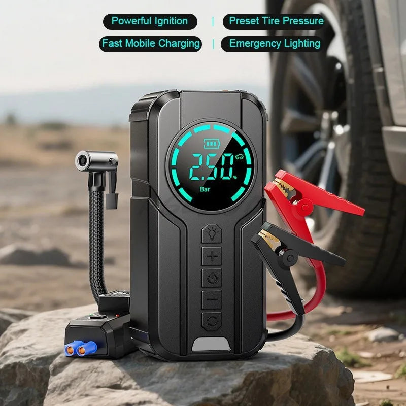 Auxiliar de Partida Portátil 4 em 1 com Compressor de Ar Digital – Power Bank, Lanterna LED e Partida  para Carros e Motos